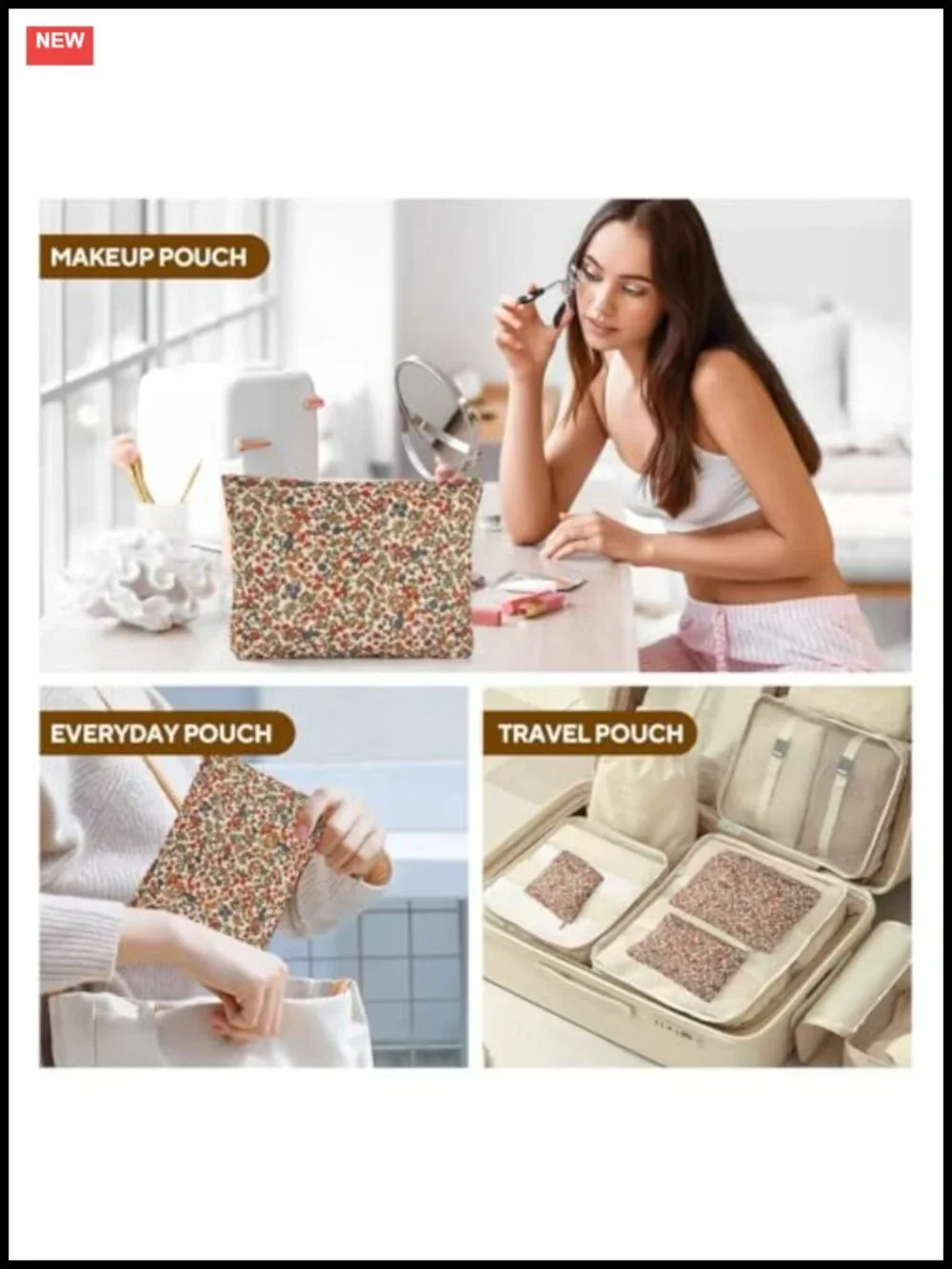 Corduroy Floral Makeup Bag Set of 3, Large Capacity Cosmetic Bags, Travel